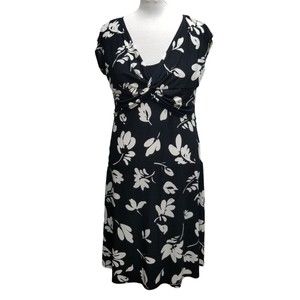 Chaps Dress Size XL Black White Floral Short Sleeve Midi Faux Wrap